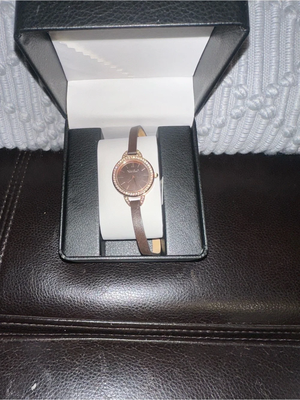 Caravelle New York Women's Brown Leather Double-Wrap Watch with Crystal Accents